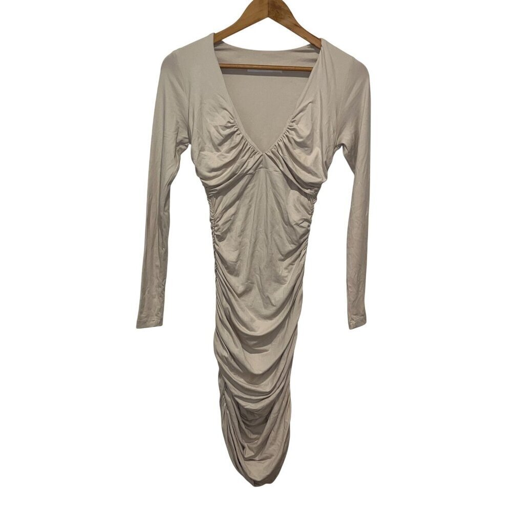 Susana Monaco Cream  Ruched Long Sleeve Midi Dress V-Neck Stretchy Small